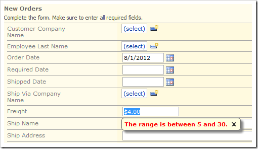 Error message displayed if Freight is not validated in the correct range.