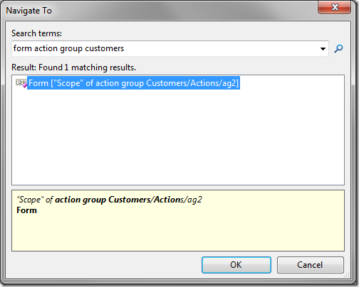 'Navigate To' window showing a list of matched action groups.