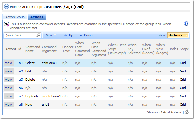 Actions tab of Action Group page in Code On Time web application designer.