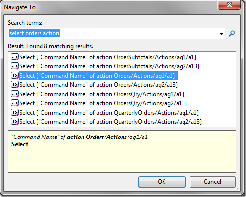 'Navigate To' window showing a list of matched actions.
