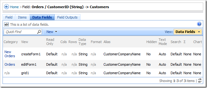 Data Fields tab on Field properties page.