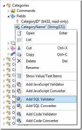 Add SQL Validator context menu option for a field in the Project Explorer.