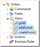 Views under the Views node of Orders controller in Code On Time web application designer.