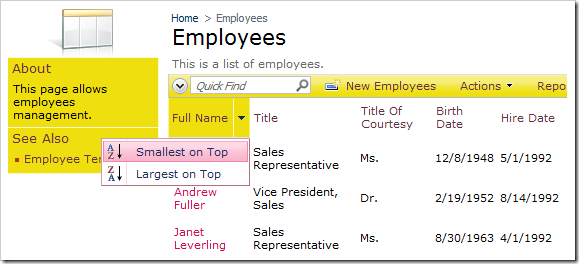 FullName column header has sorting enabled and displays a context menu with sorting options.