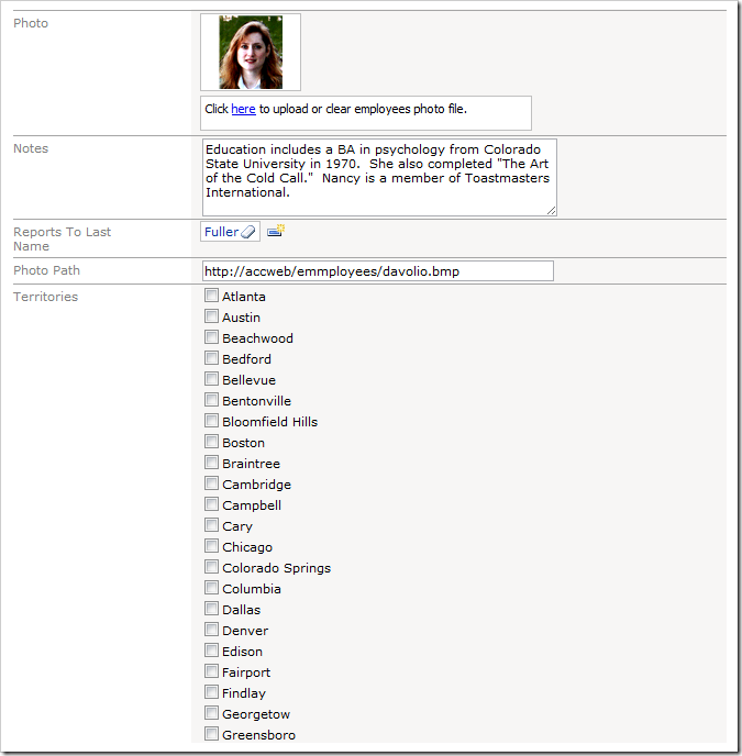 Territories Check Box List on the Employees form rendered in a single column