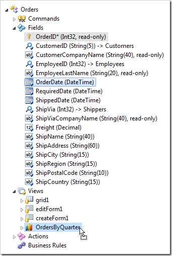 Dragging 'OrderID' and 'OrderDate' field nodes onto 'OrdersByQuarter' view node.