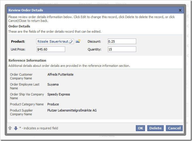 Order Details edit form displayed without an Extended Price field.