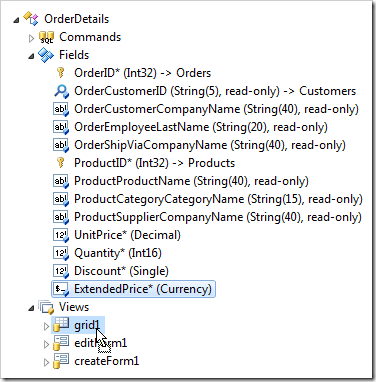 Dragging ExtendedPrice field node onto 'grid1' view.