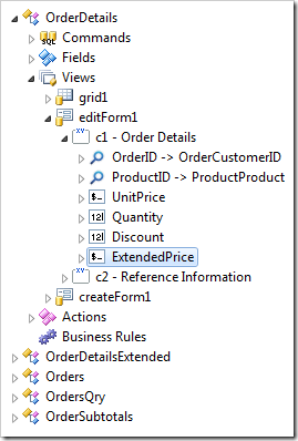 Data Field 'ExtendedPrice' created in 'c1 - Order Details' category.