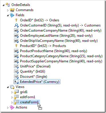 Dragging 'ExtendedPrice' field onto 'createForm1' view node.