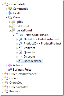 Data field 'ExtendedPrice' created in view 'createForm1'.