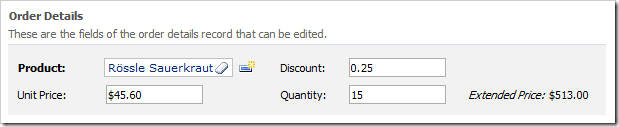 Extended Price is rendered as a read-only field that is calculated when the form is rendered.