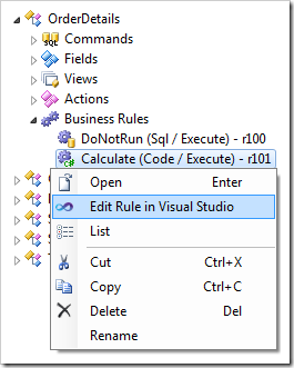 Edit Rule in Visual Studio context menu option for Code business rule.