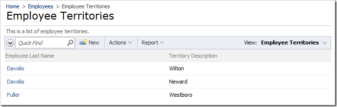 Employee Territories page allows setting up relationships between employees and territories directly.