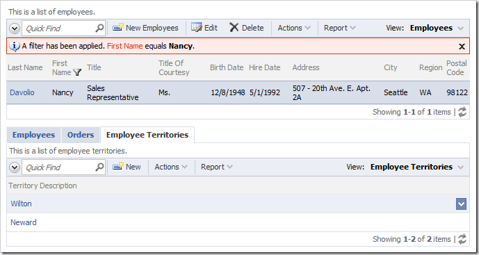Employee Territories child data view allows editing territories associated with the selected employee.