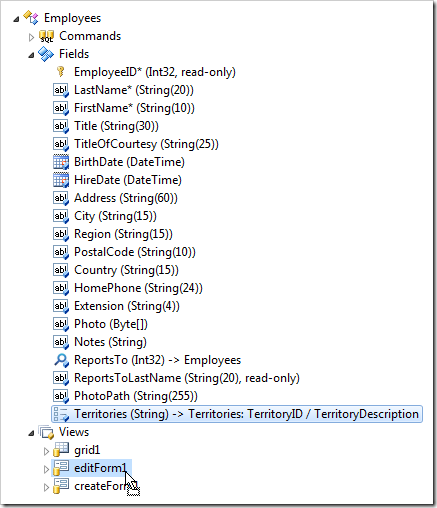 Dragging Territories field node onto 'editForm1' view node.