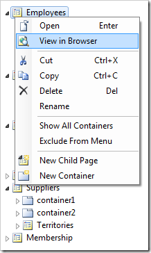 View in Browser context menu option for Employees page.
