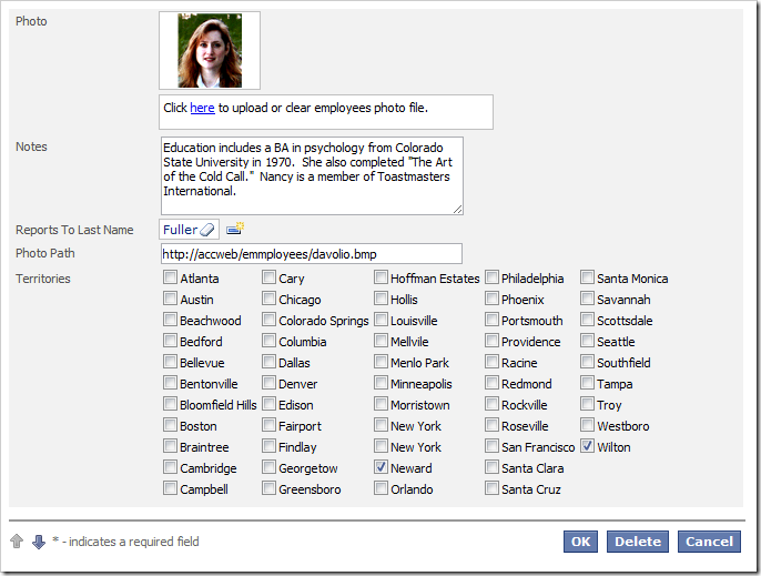 When the form is in edit mode, all territories are rendered in a check box list.