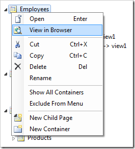 View in Browser context menu option for Employees page node in the Project Explorer.