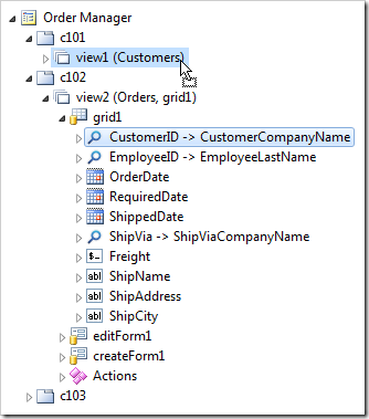 Dragging CustomerID data field node onto 'view1' data view node.