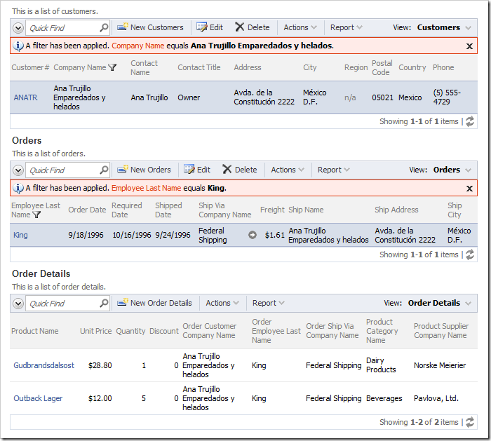 When an order is also selected, a list of relevant order details will be displayed.