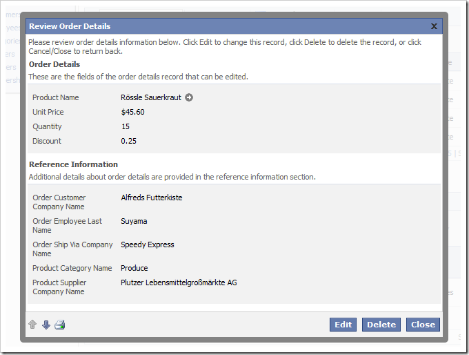 Order Details edit form created by Code On Time web application generator.