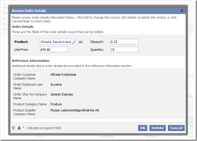 Order details edit form with a custom category template.