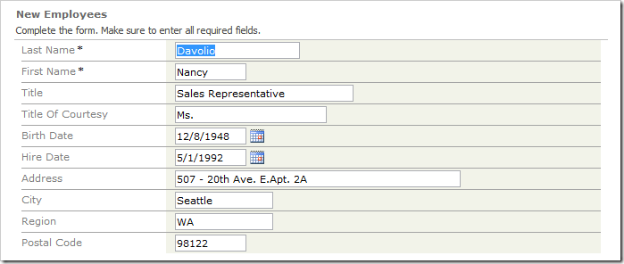 New Employees form with values populated from the duplicated record.