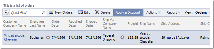Custom action 'Apply a Discount' accessible on the action bar of Orders grid view.