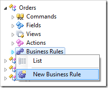 New Business Rule context menu option for Orders controller.