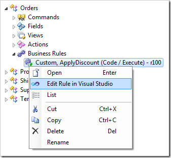 Context menu option 'Edit Rule in Visual Studio' for the code business rule.