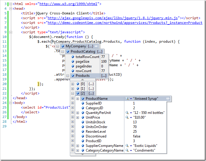 Global variable 'MyCompany' of a jQuery cross-domain static client of the demo web app is inspected in Visual Studio at runtime