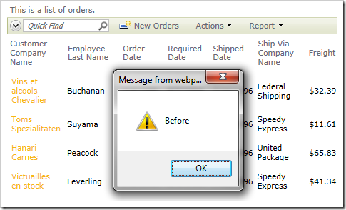 Alert showing 'Before' appears before the select command occurs.