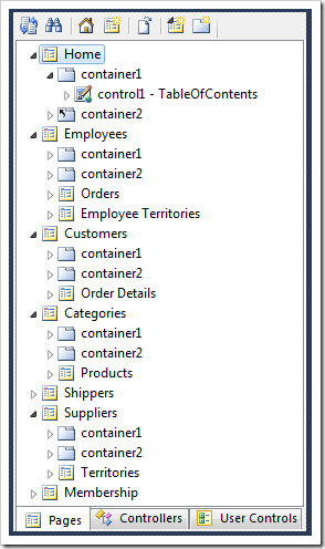 Code On Time web application generator's Project Explorer displays a logical tree of project configuration elements separated into three tabs.