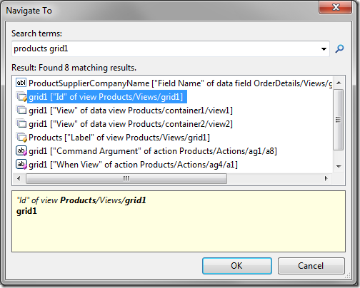 Navigate To window with the search terms 'products grid1'. Multiple results have been found.