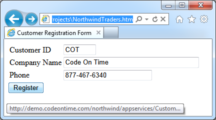 This sample form can be used to register new customers in a web app created with Code On Time Unlimited edition