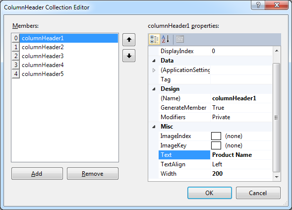 Five columns in the list view 'listView1' represent properties of products stored in the Northwind database