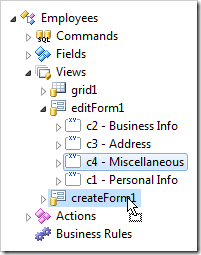 Dropping category 'c4' onto 'createForm1' view.