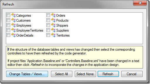 Refresh window with 'Change Tables / Views...' option highlighted.