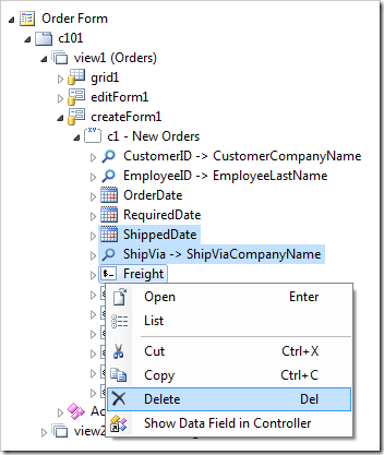 Deleting three data fields from 'createForm1' view.