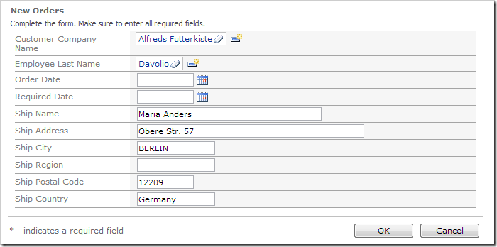 The ShippedDate, ShipVia, and Freight fields have been removed from the new orders form.