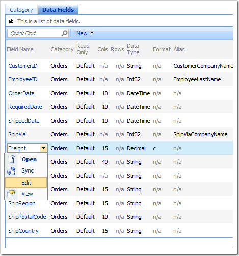 Edit context menu option for Freight data field.