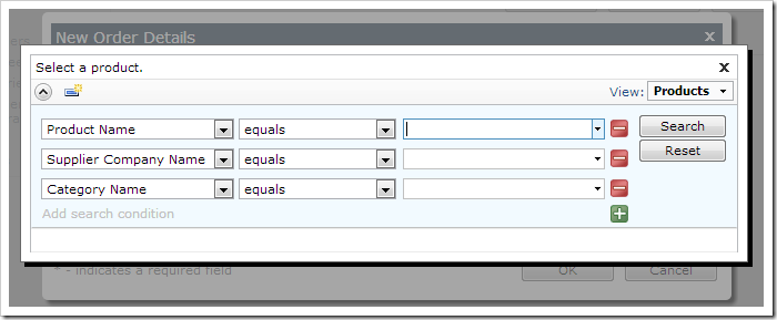 When creating a new order detail, the product lookup opens in search mode.