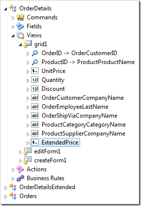 ExtendedPrice field binding created in view 'grid1'.