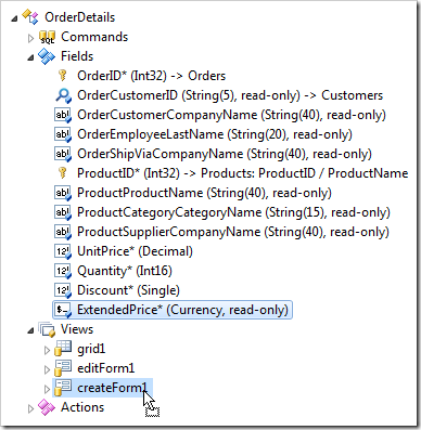 Dropping ExtendedPrice field node onto 'createForm1' view node.