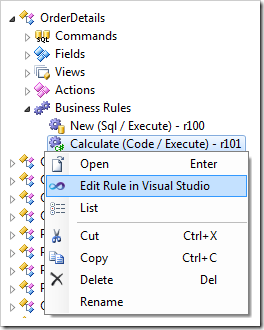 Edit Rule in Visual Studio context menu option for a code business rule.