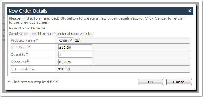 New Order Details screen with a selected product and default values. The Extended Price has been calculated.
