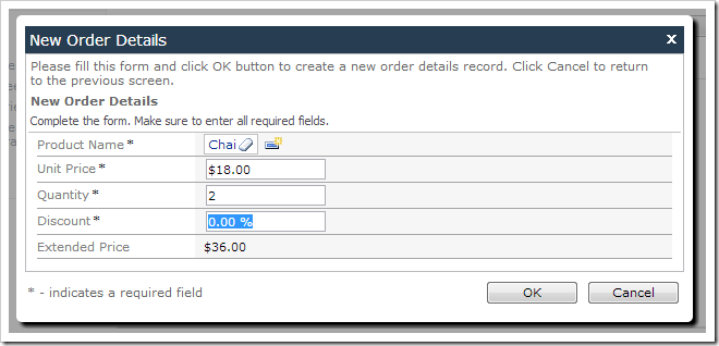 Quantity has been changed and focus was shifted to the Discount field. Extended Price has been recalculated.