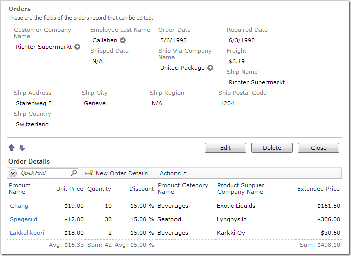 Order Form page with details of an order displayed. The order details grid view now displays less redundant data fields as well as several averages and sums.