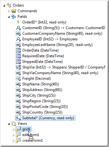 Dropping Subtotal field node onto 'grid1' view node.